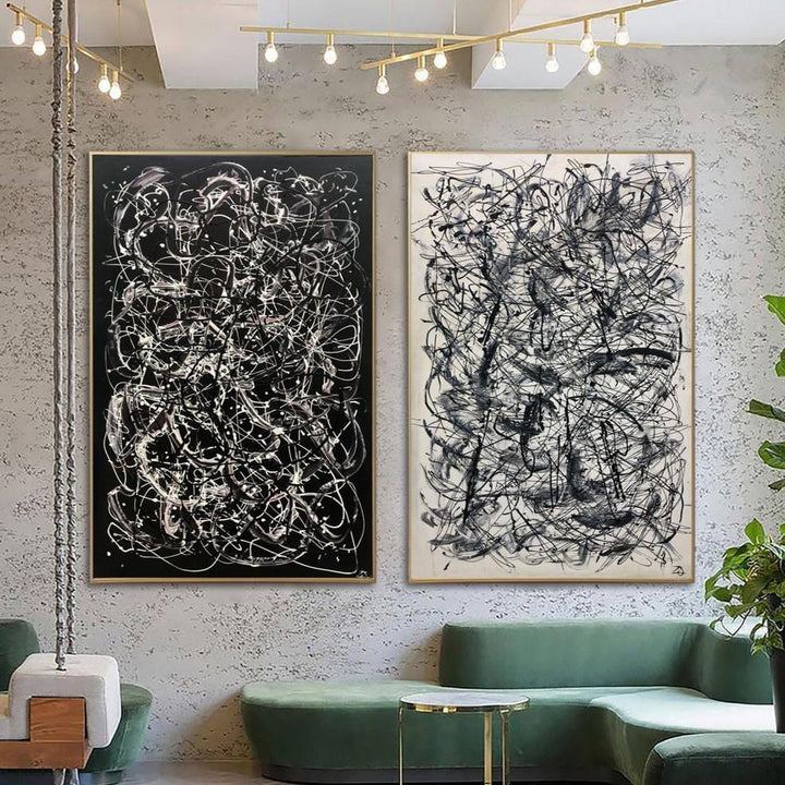Pollock Style Painting on Canvas Black and White Wall Art Artwork Diptych Painting Heavy Textured Art Wall Decor | WAKING UP IN A MAZE