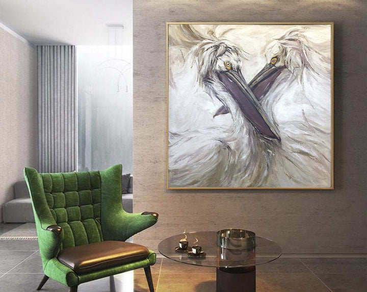 Abstract Pelicans Painting On Canvas Original White Birds Artwork Creative Wall Art Handmade Oil Painting for Room Decor | TWO PELICANS