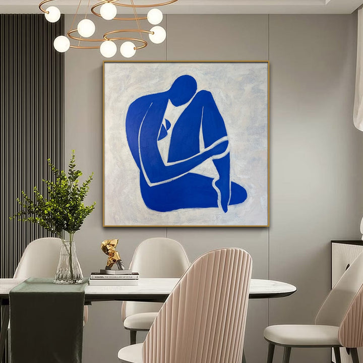 Original Blue Figurative Paintings On Canvas, Woman Oil Painting, Matisse Style Artwork, Abstract Female Acrylic Art for Home | LONELY LADY