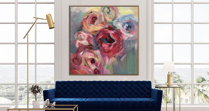 Large Flowers Painting Colorful Abstract Art: Pink Roses Wall Art as Textured Artwork on Canvas for Modern Living Room Wall Decor | BLOOMING - trendgallery.ca