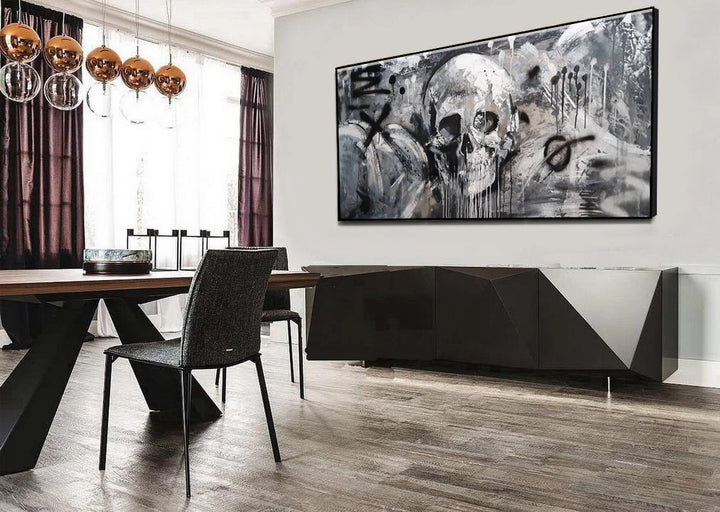 Abstract Skull Oil Painting Black and White Artwork Graffiti Style Wall Art Decor for Home | URBAN SKULL