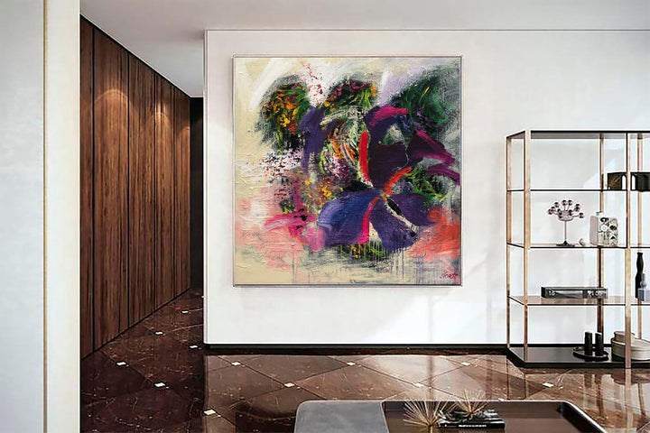 Colorful Original Abstract Painting in Beige, Purple and Green Colors Modern Abstract Fine Art Acrylic Handmade Artwork | FLOWERS BOUQUET - trendgallery.ca