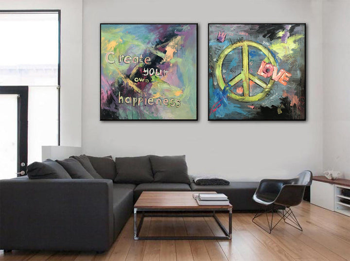 Abstract Colorful Set Of 2 Paintings On Canvas Original Hipster Fine Art Modern Diptych Paintings Contemporary Art | HIPSTER HAPPINESS - trendgallery.ca