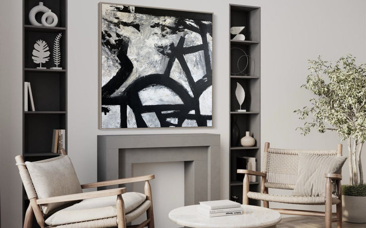 Abstract Black and White Paintings on Canvas, Minimalist Franz Kline Style Painting, Modern Monochrome Art for Living Room Wall Decor | MONOCHROME VISUALIZATION 32"x32"