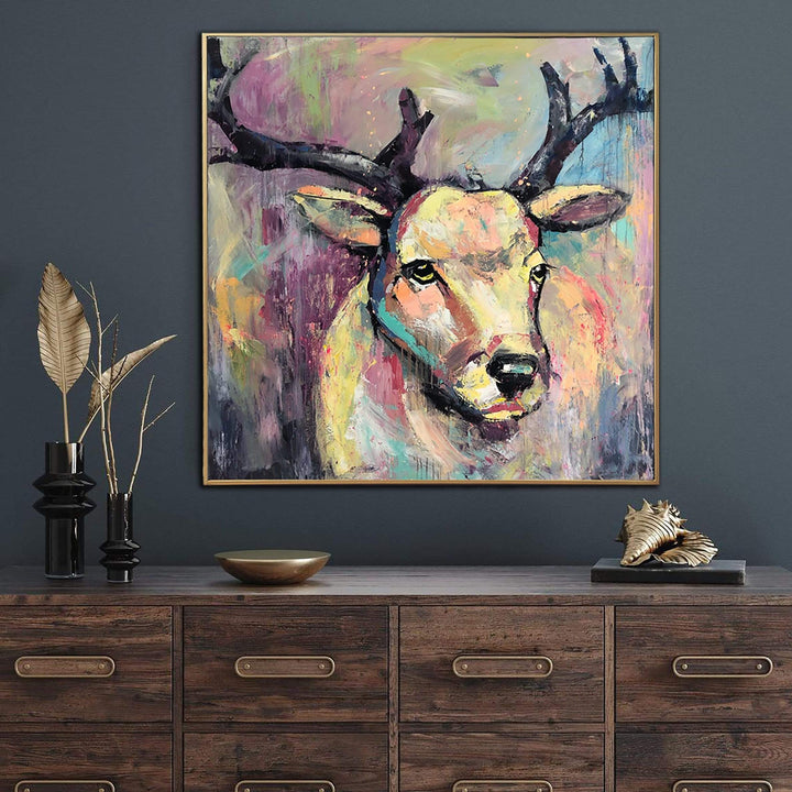 Abstract Deer Art Canvas Original Animal Painting Vibrant Wall Art Heavy Textured Art Commissioned Oil Painting Wall Hanging Decor | WILD DEER - trendgallery.ca