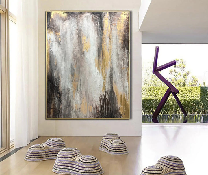 Oversize Oil Painting Gray Wall Art Gold Leaf Painting Unique Wall Art Abstract Painting | GOLDEN GLITTER - trendgallery.ca