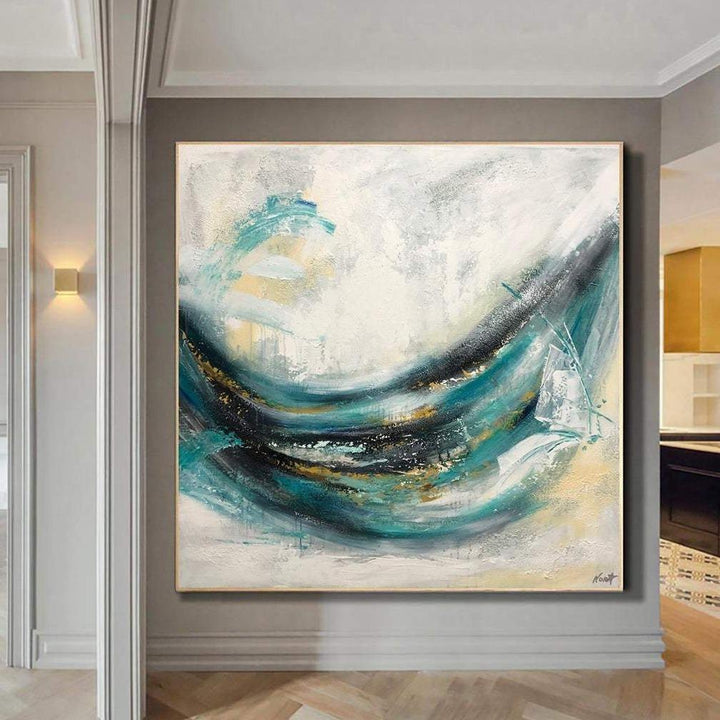 Large Abstract Turquoise Painting On Canvas Beige Wall Art Contemporary Art Wall Decor | FRESHNESS - trendgallery.ca