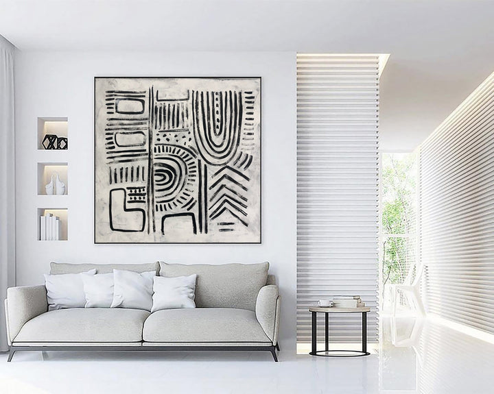 Modern Black And White Painting on Canvas Eclectic Wall Art Black and White Symbols Painting Contemporary Art Commission Artwork | ANCIENT SIGNS - trendgallery.ca