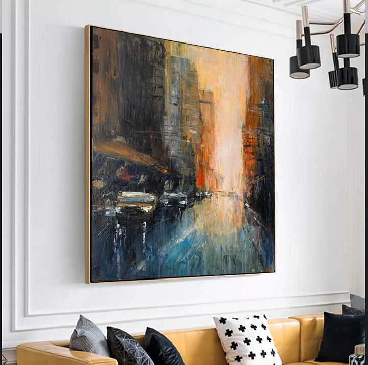 Original Abstract Brooklyn Cityscape Paintings On Canvas Long Island Wall Art Textured City Oil Painting Modern Streets Artwork Wall Decor | STREETS OF BROOKLYN