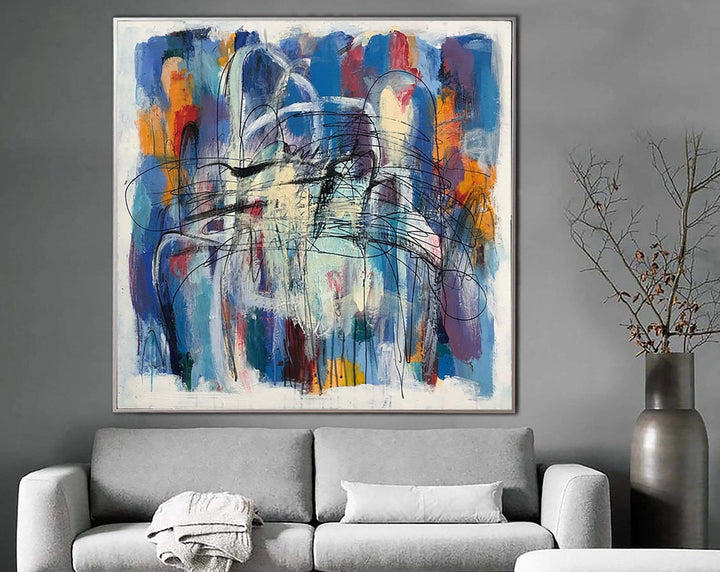Abstract Colorful Painting On Canvas In Blue, Orange And White Colors Textured Painting Modern Fine Art Oil Handmade Artwork | BLUE DREAMS
