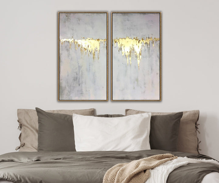 Abstract Oil Painting Original Canvas Gray Painting Gold Leaf Painting 2 Piece | GOLDEN WATERFALL