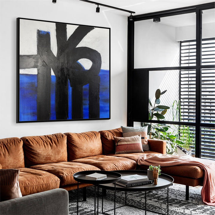 Abstract Oil Painting Original Black Shapes On White and Blue Modern Wall Art Decor for Bedroom | OIL PLATFORM 26"x26"
