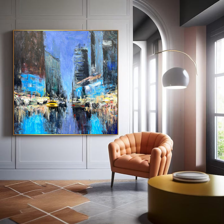 Original Abstract New York Paintings On Canvas NIght Life Painting Night Cityscape Artwork Handmade Oil Painting for Living Room | MANHATTAN NIGHTLIFE 40"x40"