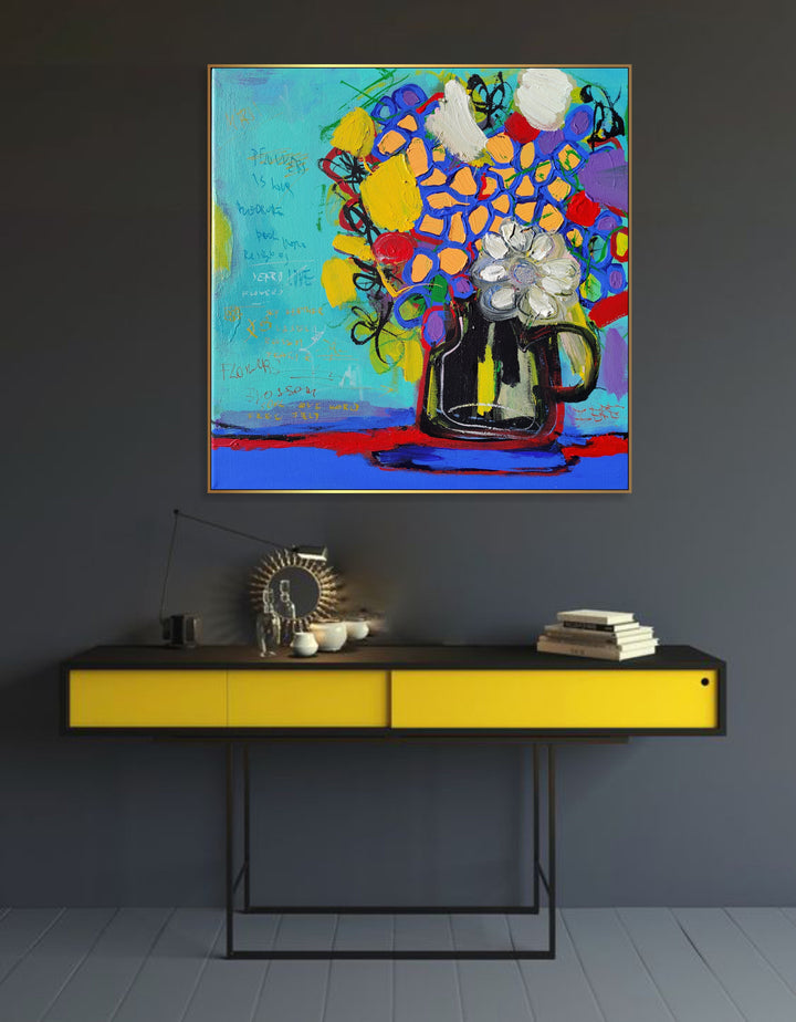 Abstract Flower Paintings on Canvas Acrylic Floral Art Expressionist Oil Painting Flowers Art Handmade Painting for Home Decor | FLOWERS IN A VASE 19.7"x19.7"
