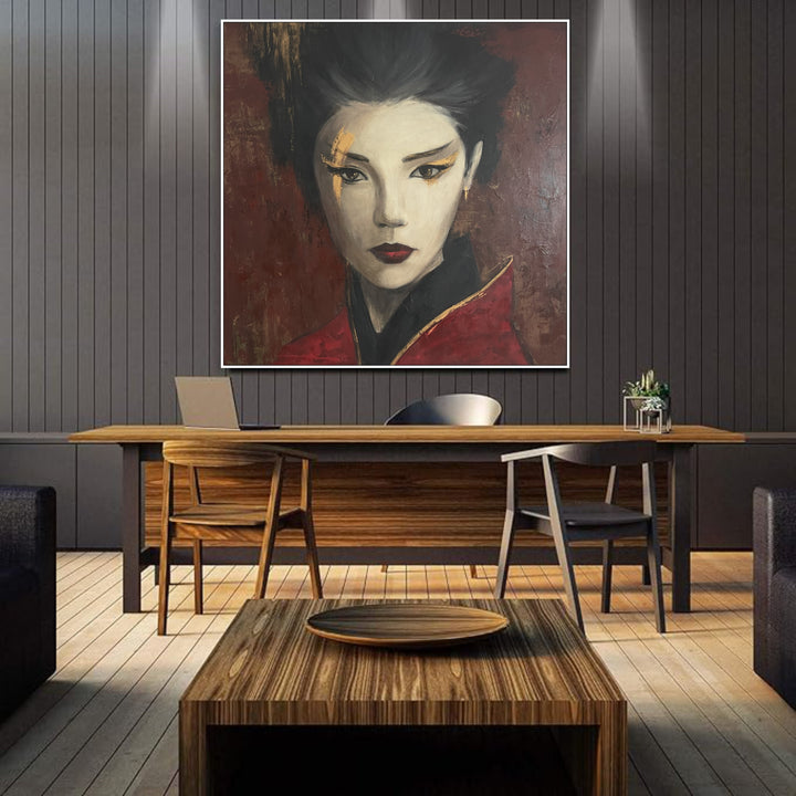 Large Abstract Asian Woman Paintings On Canvas Black And Red Colors Figurative Art Asian Culture Oil Painting Contemporary Wall Decor | WU ZETIAN 60"x60"