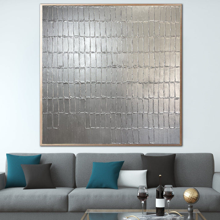 Original Silver Mesh Monochrome Texture Oil Painting Abstract Wall Art Creative Artwork for Room Decor | SILVER TILES - trendgallery.ca