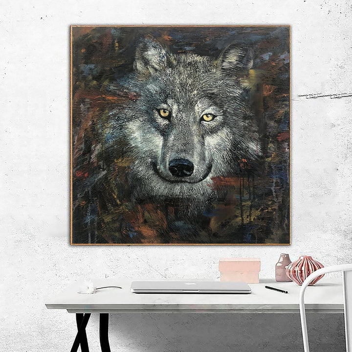 Large Original Wolf Paintings On Canvas Abstract Realistic Wolf Wall Art Animal Portrait Monochrome Art Wild Animal Painting | PACK LEADER