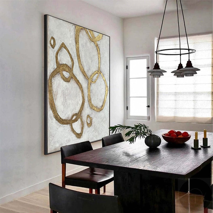 Abstract Beige Paintings On Canvas Gold Leaf Art Minimalist Golden Circles Painting Neutral Artwork Original Office Wall Decor | GOLDEN CIRCLES