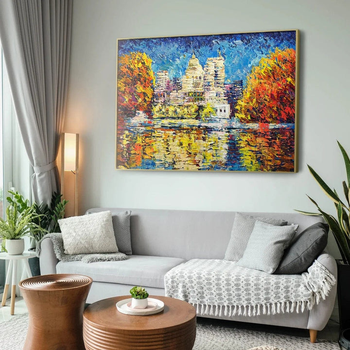 Abstract Colorful Lake Landscape Oil Painting on Canvas Large Original Modern Orange Textured Wall Art | CITY LAKE - trendgallery.ca