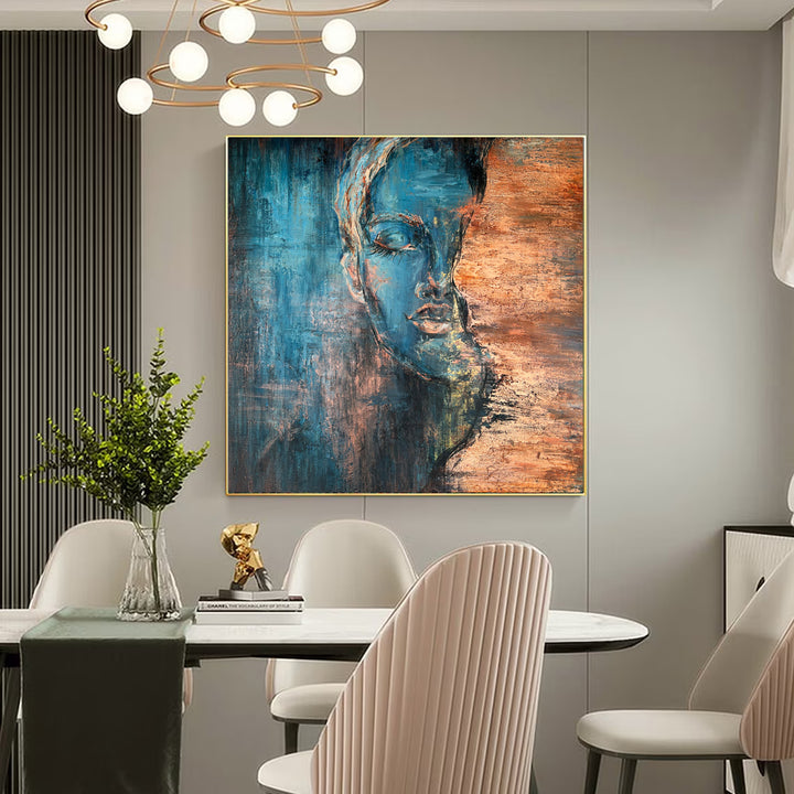 Original Blue and Bronze Acrylic Painting Abstract Female Face Handmade Decor for Living Room | ANOTHER PERSON