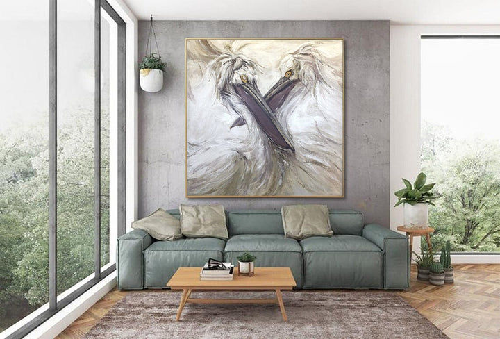 Abstract Pelicans Painting On Canvas Original White Birds Artwork Creative Wall Art Handmade Oil Painting for Room Decor | TWO PELICANS