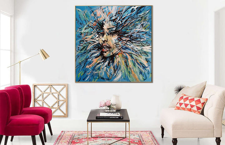 Extra Large Oil Painting on Canvas Woman Face Paintings On Canvas Fine Art Modern Blue Wall Art Original Human Art Living Room Decor | TEARS OF WOMAN