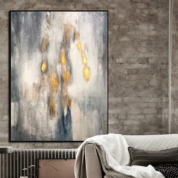 Extra Large Acrylic Abstract Canvas Gray Oil Painting Abstract Modern Art Gold Leaf Contemporary Art | GOLDEN RAIN - trendgallery.ca