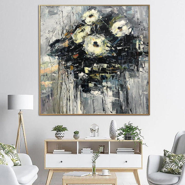 Large Abstract Flower Paintings On Canvas Grey Painting Original Textured Art Floral Painting Modern Wall Art | MACROTYPE - trendgallery.ca