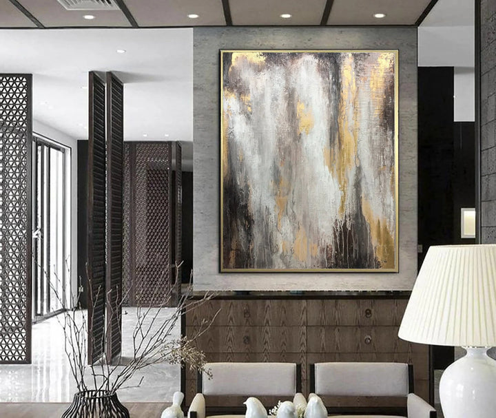 Oversize Oil Painting Gray Wall Art Gold Leaf Painting Unique Wall Art Abstract Painting | GOLDEN GLITTER - trendgallery.ca