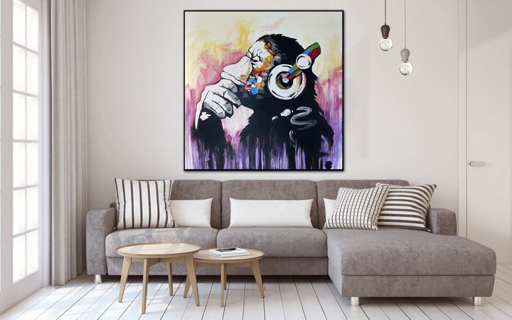 Abstract Monkey In Headphones Painting On Canvas Original Animal Hand Painted Artwork | POSITIVE VIBRATION 50"x50"