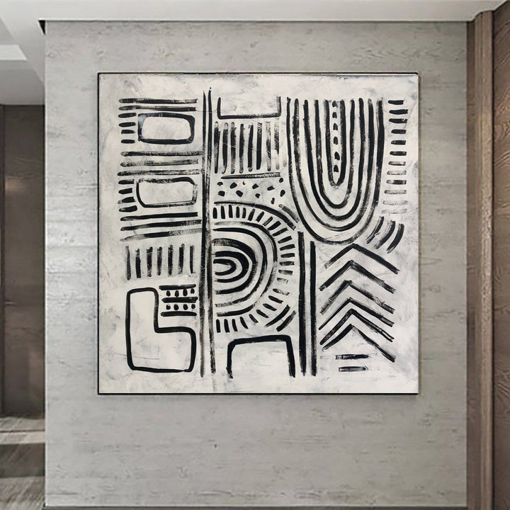 Modern Black And White Painting on Canvas Eclectic Wall Art Black and White Symbols Painting Contemporary Art Commission Artwork | ANCIENT SIGNS - trendgallery.ca