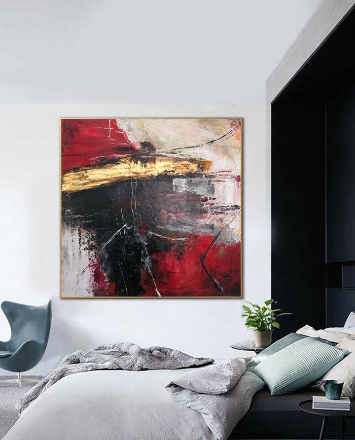 Large Abstract Red Painting Canvas Gold Leaf Wall Art Original Oil Artwork Modern Hand Painted Art Contemporary Art for Staircase Decor | RED LIGHT