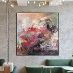 Large Abstract Painting in Pink, Red and Beige Colors Colorful Painting on Canvas as Handmade Wall Art for Living Room Decor | FLOWER FIELD