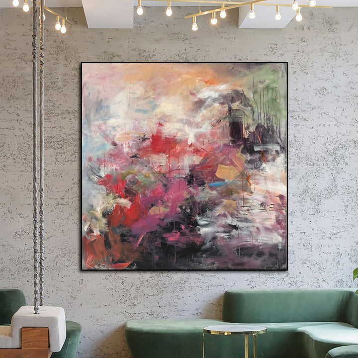 Large Abstract Painting in Pink, Red and Beige Colors Colorful Painting on Canvas as Handmade Wall Art for Living Room Decor | FLOWER FIELD - trendgallery.ca