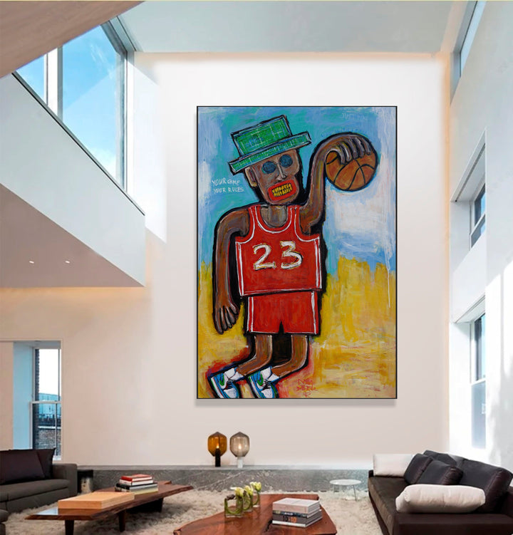 Abstract Basketball Player Colorful Custom Oil Portrait Original Sportsman Wall Art Decor | JORDAN AND BALL 60"x40"