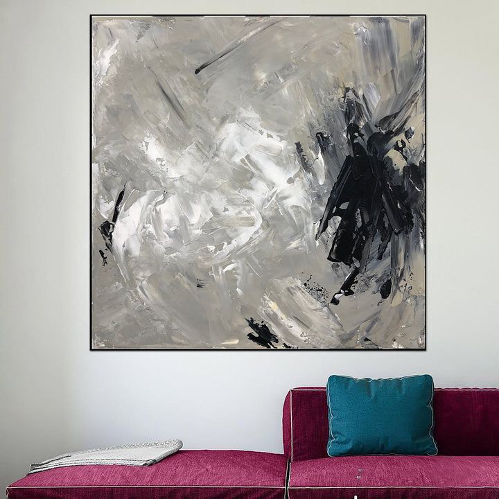 Abstract Gray Painting On Canvas Expressionist Painting Textured Black And White Wall Art Minimalist Black Blot Painting | BLOT - trendgallery.ca