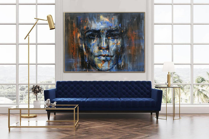 Abstract Portrait Paintings On Canvas Blue Figurative Art Acrylic Face Painting Expressionist Art 30x40 Textured Painting Glam Decor | GULLIBLE FACE - trendgallery.ca