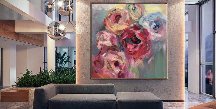 Large Flowers Painting Colorful Abstract Art: Pink Roses Wall Art as Textured Artwork on Canvas for Modern Living Room Wall Decor | BLOOMING - trendgallery.ca