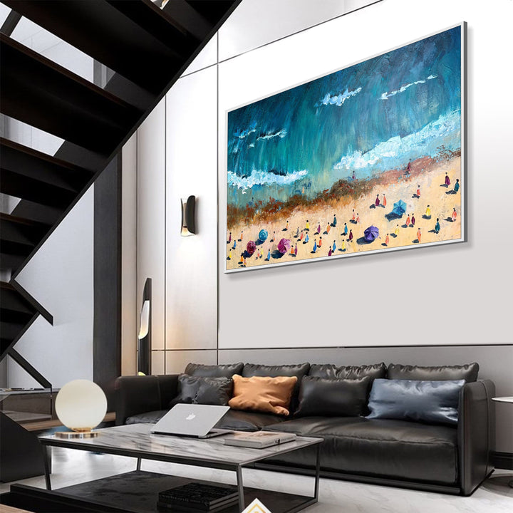 Large Abstract Sunny Beach Paintings On Canvas, Original Coastal Oil Painting in Blue and Beige Colors, Modern Textured Art for Home | BEACH SEASON 30"x46"