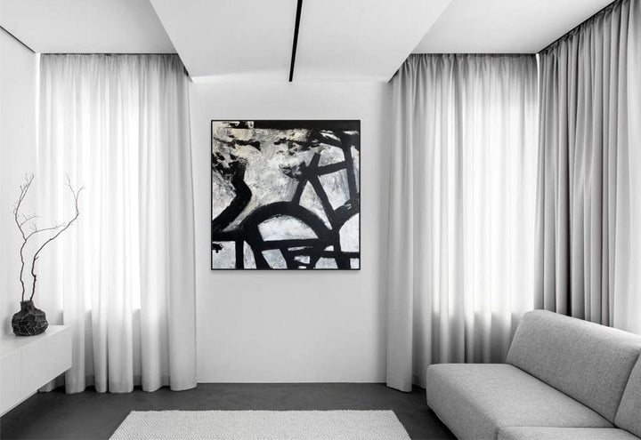 Abstract Black and White Paintings on Canvas, Franz Kline Style Art, Textured Minimalist Painting, Modern Monochrome Art for Home Wall Decor | MONOCHROME VISUALIZATION