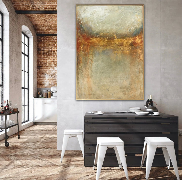 Abstract Beige Painting on Canvas Gold Leaf Wall Art Heavy Textured Oil Artwork Commissioned Painting for Hotel Wall Decor | FIELD ON FIRE - trendgallery.ca