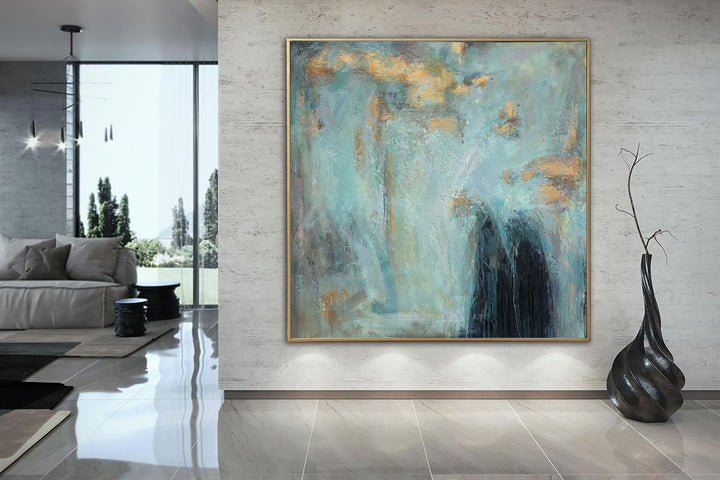 Large Abstract Painting on Canvas Turquoise Wall Art Neutral Artwork Painting 32x32 Art for Aesthetic Room Decor | FROSTY MORNING - trendgallery.ca
