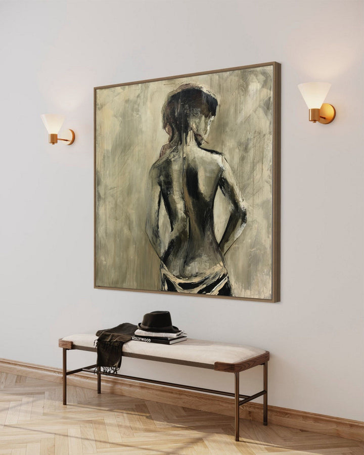 Original black-gold painting Female Naked back oil painting on canvas Woman silhouette Contemporary minimalist Nude art Nu painting | TOPLESS GIRL