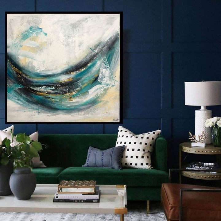 Large Abstract Turquoise Painting On Canvas Beige Wall Art Contemporary Art Wall Decor | FRESHNESS - trendgallery.ca