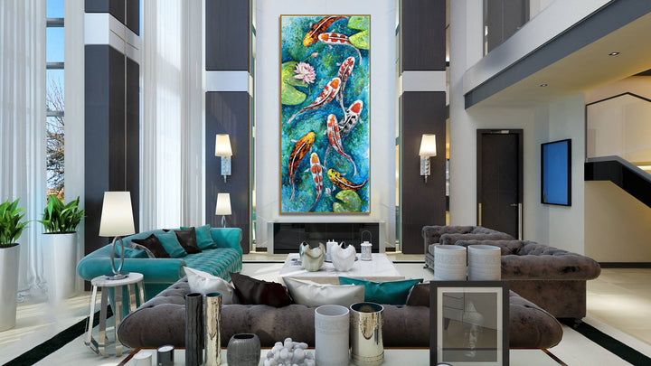 Original Fish Pond Oil Painting Colorful Fish Koi Artwork Abstract Textured Wall Art for Bedroom | KOI POND