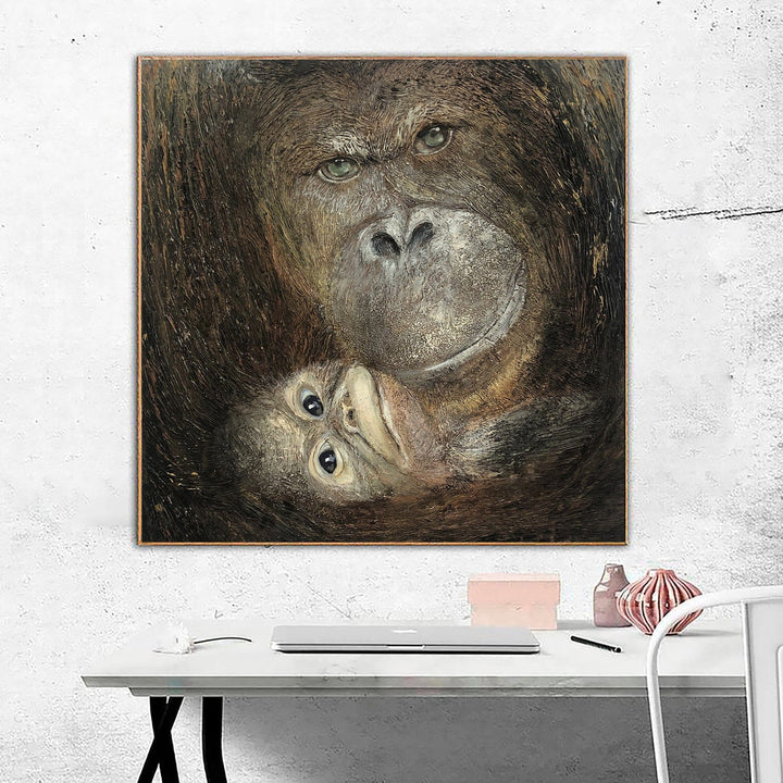 Original Gorillas Paintings On Canvas Realistic Gorilla Wall Art Monkey Painting Animal Portrait Monochrome Art Animal Family Painting | MOTHER'S LOVE - trendgallery.ca