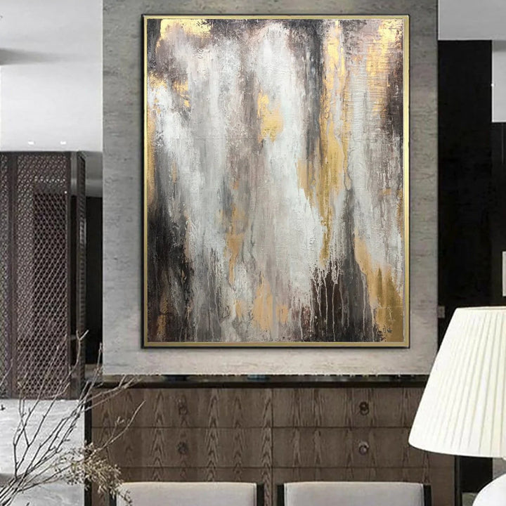 Oversize Oil Painting Gray Wall Art Gold Leaf Painting Unique Wall Art Abstract Painting | GOLDEN GLITTER - trendgallery.ca