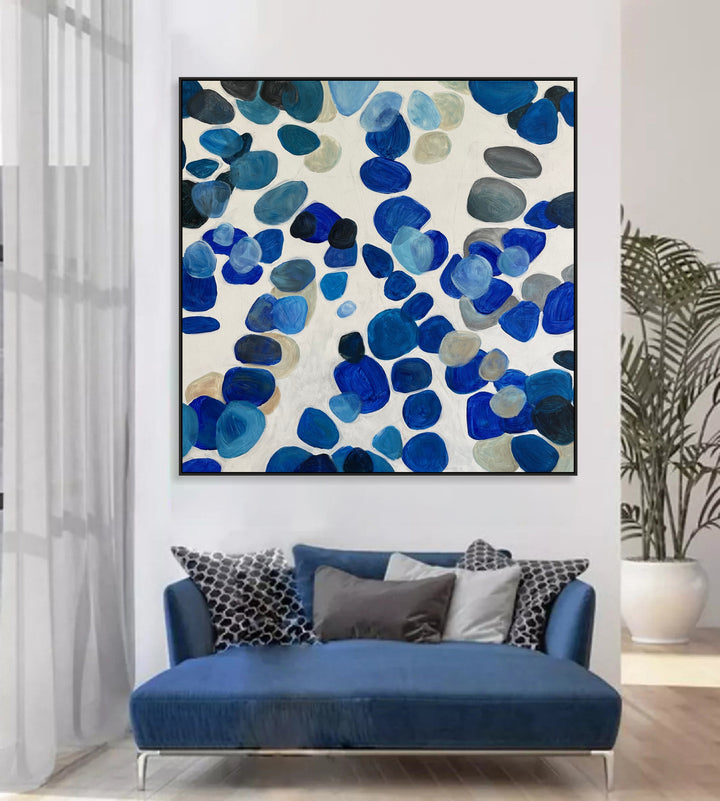 Abstract Blue Stones Paintings On Canvas, Modern Minimalist Artwork, Textured Oil Painting, Acrylic Handmade Art for Decor | BLUE STONES 32"x32"