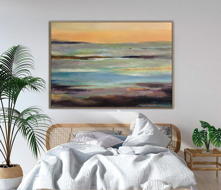 Large Abstract Landscape Painting: Ocean Wall Art in Blue, Brown and Orange Colors as Minimalist Artwork for Living Room Wall Deco | STRAY BEACH - trendgallery.ca