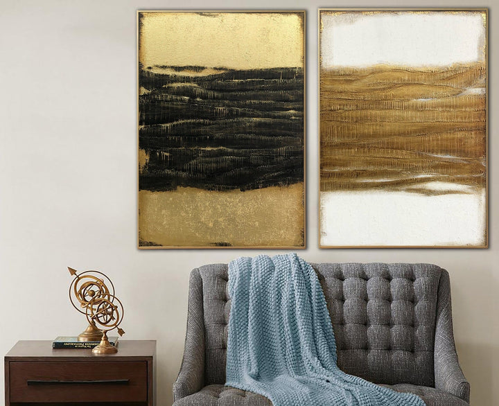Large Abstract Diptych Painting On Canvas In Gold, Black And White Colors Acrylic Painting Set Of 2 Textured Wall Decor | BETWEEN DAY AND NIGHT